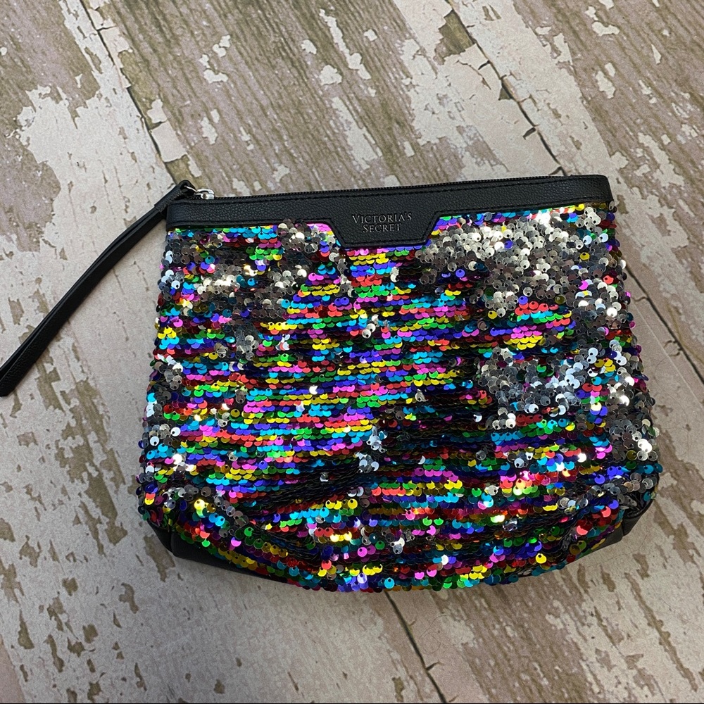 Victoria's Secret Black Multicolor Sequin Change Phone Purse Cosmetic Makeup Bag